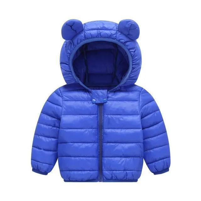 Polyester winter coat with hood.