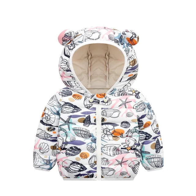 Polyester winter coat with hood.