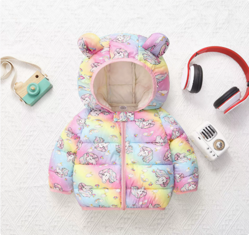 Polyester winter coat with hood.