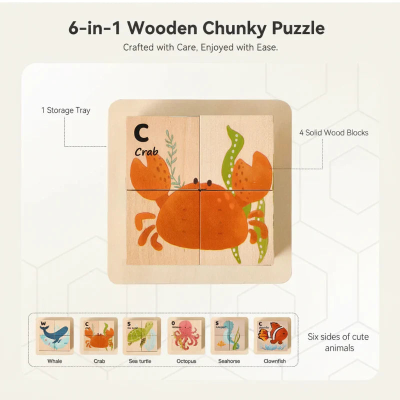 Innovative & Educational – 6-in-1 Montessori Animal Wooden Puzzle